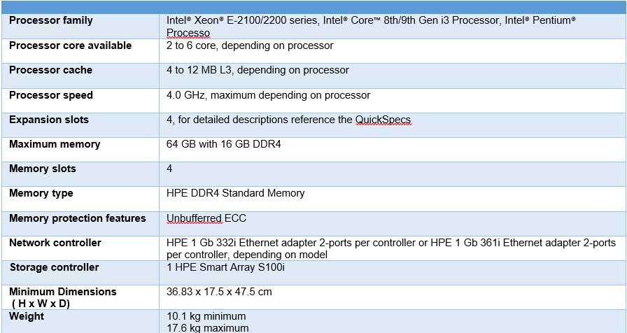 Technical specifications HPE ProLiant ML30 Gen10 Server