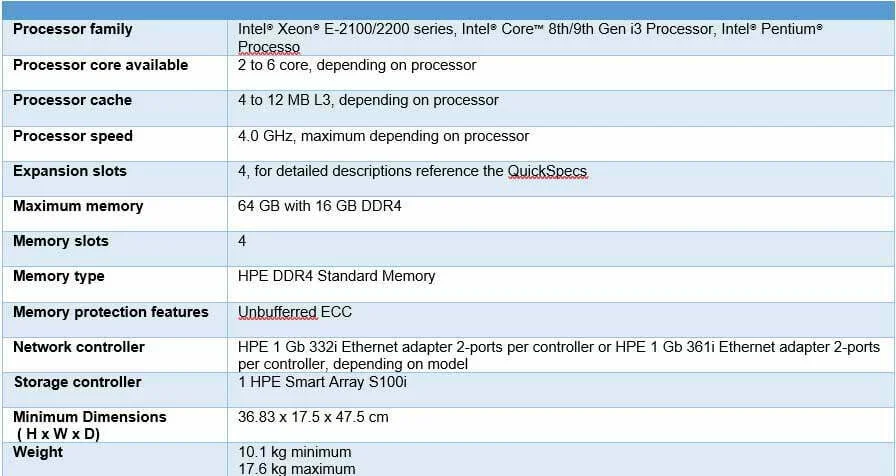 Technical specifications HPE ProLiant ML30 Gen10 Server