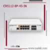تصویر تبلیغاتی سوئیچ MikroTik مدل CRS112-8P-4S-IN، با طراحی سفیدرنگ که شامل ۸ پورت PoE و ۴ پورت +SFP است. دستگاه در مرکز پس‌زمینه‌ای مینیمال به رنگ خاکستری با خطوط قرمز و خاکستری نمایش داده شده است. لوگوی MikroTik و آدرس سایت www.aadak.com در پایین تصویر دیده می‌شوند.