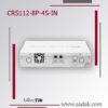 تصویر تبلیغاتی پشت سوئیچ MikroTik مدل CRS112-8P-4S-IN، با طراحی سفیدرنگ که بخش‌های خنک‌کننده، پورت‌های برق و دیگر جزئیات پشت دستگاه را نمایش می‌دهد. دستگاه در مرکز پس‌زمینه‌ای مینیمال به رنگ خاکستری با خطوط قرمز و خاکستری قرار دارد. لوگوی MikroTik و آدرس سایت www.aadak.com در پایین تصویر دیده می‌شوند.