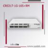 تصویر سوئیچ MikroTik CRS317-1G-16S+RM با ۱۶ پورت +SFP ده گیگابیتی، یک پورت گیگابیت اترنت مدیریتی، طراحی رکمونت استاندارد، و برند میکروتیک، همراه با آدرس وبسایت www.aadak.com در پس‌زمینه خاکستری و خطوط قرمز تزئینی.