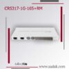 نمای پشتی سوئیچ MikroTik CRS317-1G-16S+RM شامل دو منبع تغذیه داخلی Redundant، سیستم خنک‌کننده با دو فن، طراحی رکمونت استاندارد و برند میکروتیک با پس‌زمینه خاکستری و خطوط قرمز تزئینی.