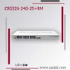 تصویر تبلیغاتی سوئیچ روتر ابری MikroTik مدل CRS326-24G-2S+RM، با طراحی سفیدرنگ که شامل ۲۴ پورت اترنت گیگابیتی و ۲ پورت +SFP است. دستگاه در مرکز پس‌زمینه‌ای مینیمال به رنگ خاکستری با خطوط قرمز و خاکستری نمایش داده شده است. لوگوی MikroTik و آدرس سایت www.aadak.com در پایین تصویر دیده می‌شوند.