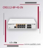 تصویر تبلیغاتی سوئیچ MikroTik مدل CRS112-8P-4S-IN، با طراحی سفیدرنگ که شامل ۸ پورت PoE و ۴ پورت +SFP است. دستگاه در مرکز پس‌زمینه‌ای مینیمال به رنگ خاکستری با خطوط قرمز و خاکستری نمایش داده شده است. لوگوی MikroTik و آدرس سایت www.aadak.com در پایین تصویر دیده می‌شوند.