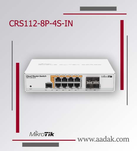 تصویر تبلیغاتی سوئیچ MikroTik مدل CRS112-8P-4S-IN، با طراحی سفیدرنگ که شامل ۸ پورت PoE و ۴ پورت +SFP است. دستگاه در مرکز پس‌زمینه‌ای مینیمال به رنگ خاکستری با خطوط قرمز و خاکستری نمایش داده شده است. لوگوی MikroTik و آدرس سایت www.aadak.com در پایین تصویر دیده می‌شوند.