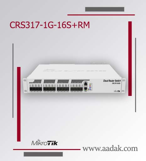 تصویر سوئیچ MikroTik CRS317-1G-16S+RM با ۱۶ پورت +SFP ده گیگابیتی، یک پورت گیگابیت اترنت مدیریتی، طراحی رکمونت استاندارد، و برند میکروتیک، همراه با آدرس وبسایت www.aadak.com در پس‌زمینه خاکستری و خطوط قرمز تزئینی.