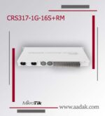 نمای پشتی سوئیچ MikroTik CRS317-1G-16S+RM شامل دو منبع تغذیه داخلی Redundant، سیستم خنک‌کننده با دو فن، طراحی رکمونت استاندارد و برند میکروتیک با پس‌زمینه خاکستری و خطوط قرمز تزئینی.